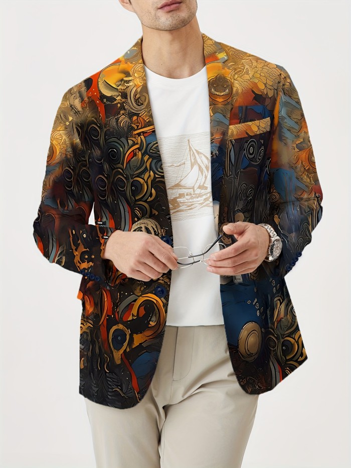 Plus Size Men's Creative Vintage Painting Graphic Print Suit Jacket For Spring Fall