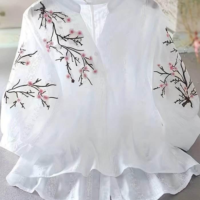 Vibrant Plum Blossom Embroidered Elegant V Neck Blouse - Semi-Sheer, Woven, Polyester, Hand Wash Only, Random Floral Print, Perfect for Spring, Summer, Fall - Womens Clothing