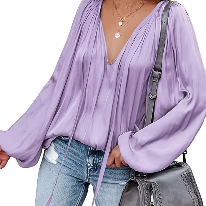 Lantern Long Sleeve Satin Blouse, Elegant V Neck Tops For Spring & Summer, Women's Clothing