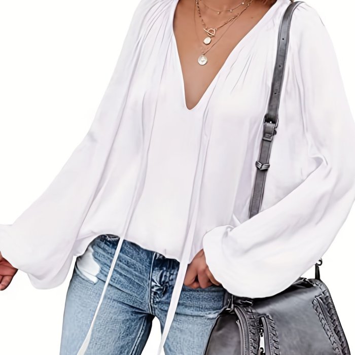 Lantern Long Sleeve Satin Blouse, Elegant V Neck Tops For Spring & Summer, Women's Clothing