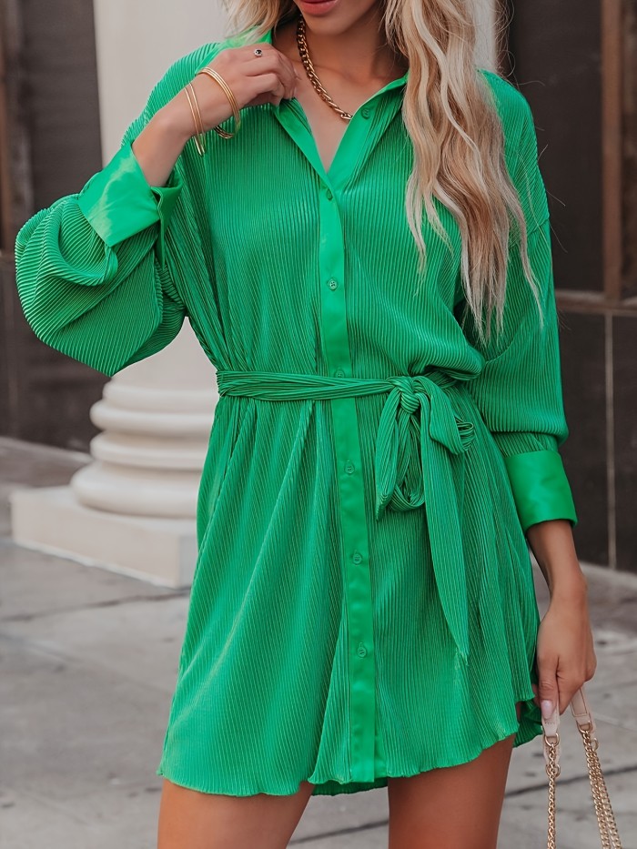 Solid Single Breasted Shirt Dress, Casual Lapel Neck Long Sleeve Tie Waist Dress For Spring & Fall, Women's Clothing