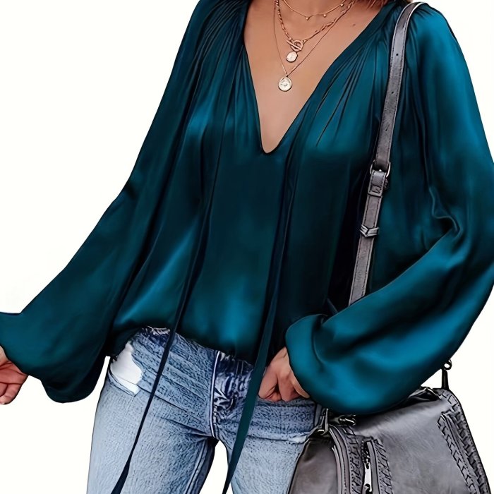 Lantern Long Sleeve Satin Blouse, Elegant V Neck Tops For Spring & Summer, Women's Clothing