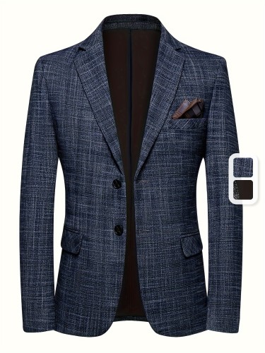 Men's Semi-formal Thin Plaid Blazer, Chic Two Button Lapel Suit Jacket For Spring Fall