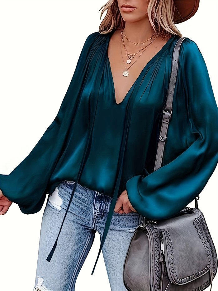 Lantern Long Sleeve Satin Blouse, Elegant V Neck Tops For Spring & Summer, Women's Clothing