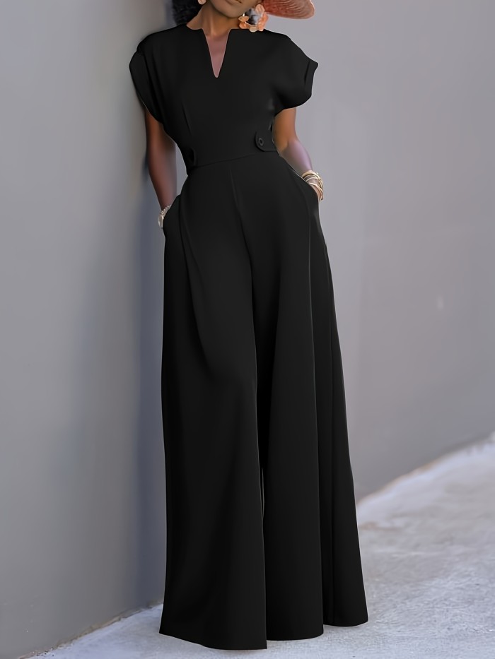 Solid Color Wide Leg Jumpsuit, Casual Notched Neck Flutter Sleeve Dual Pockets Loose Jumpsuit For Spring & Summer, Women's Clothing