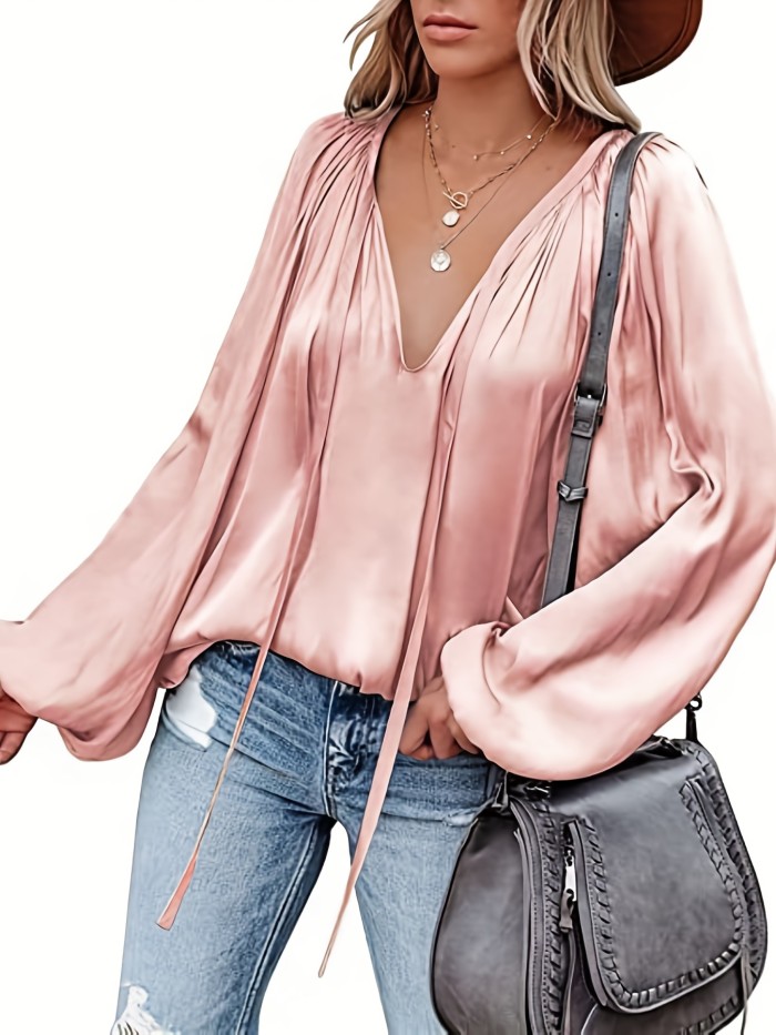 Lantern Long Sleeve Satin Blouse, Elegant V Neck Tops For Spring & Summer, Women's Clothing