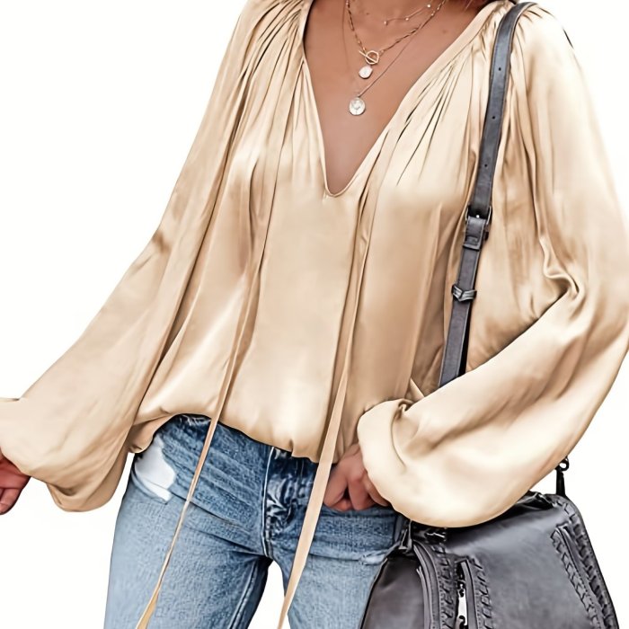Lantern Long Sleeve Satin Blouse, Elegant V Neck Tops For Spring & Summer, Women's Clothing