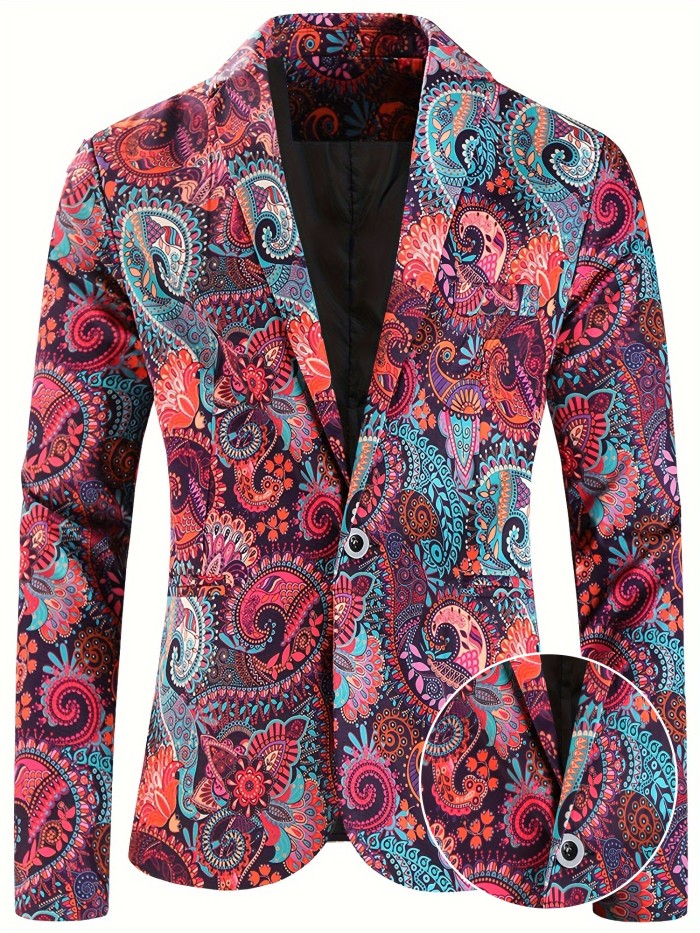 Men's Fashion Colorful Paisley Pattern Blazer, Casual Long Sleeve One Button Lapel Suit Jacket, Slim Fit Dress Coat For Party\u002FFormal Events