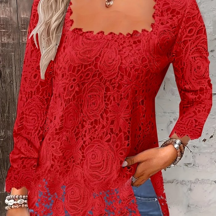 Floral Lace Square Neck Blouse, Vintage Long Sleeve Blouse For Spring & Fall, Women's Clothing