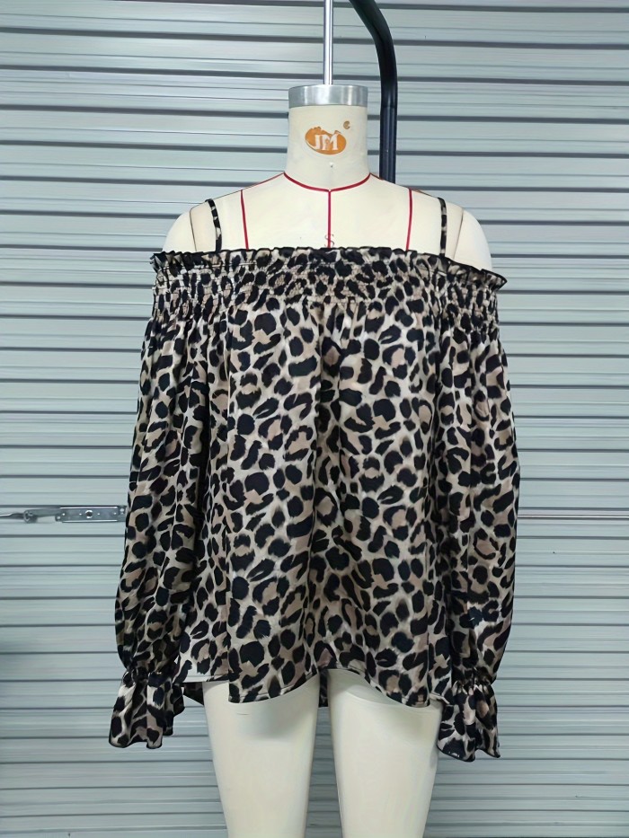 Leopard Print Cold Shoulder Blouse, Elegant High Low Hem Long Sleeve For Spring, Women's Clothing