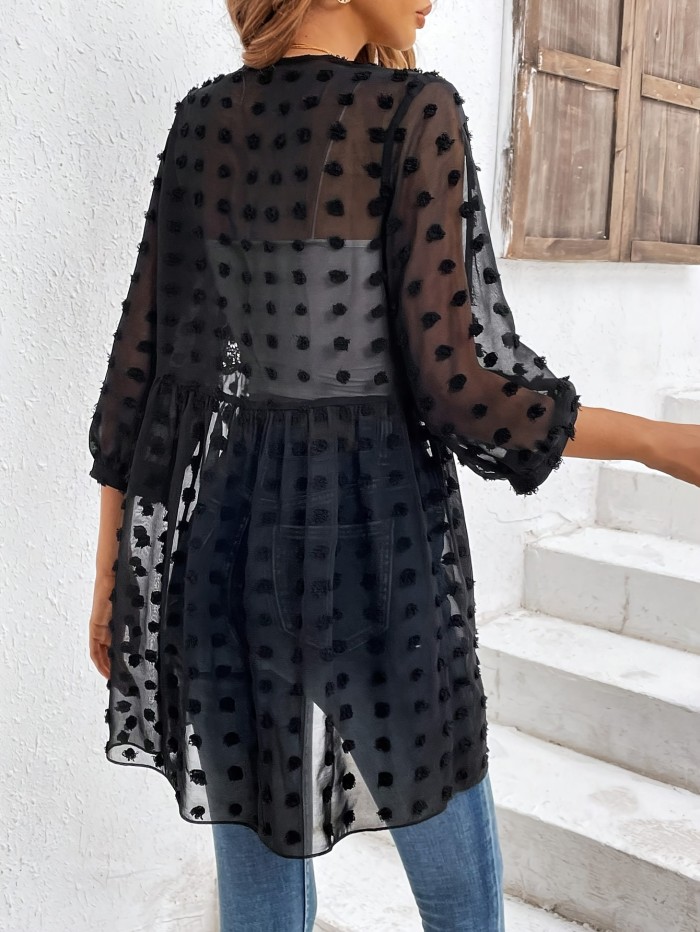 Solid Color Open Front Long Length Top, Elegant Loose Long Sleeve Swiss Dot Contrast Lace Top For Every Day, Women's Clothing