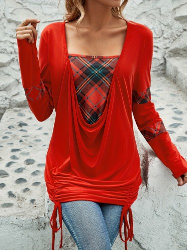Plaid Print Paneled Ruched T-Shirt, Casual Long Sleeve Top For Spring & Fall, Women's Clothing