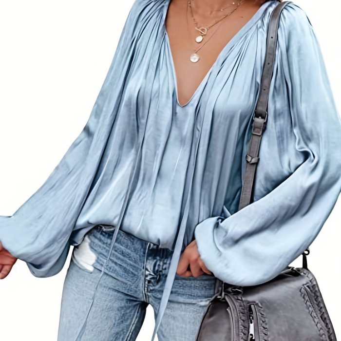 Lantern Long Sleeve Satin Blouse, Elegant V Neck Tops For Spring & Summer, Women's Clothing