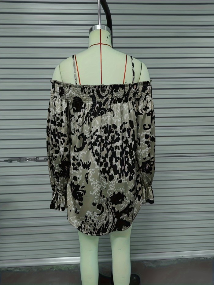 Leopard Print Cold Shoulder Blouse, Elegant High Low Hem Long Sleeve For Spring, Women's Clothing