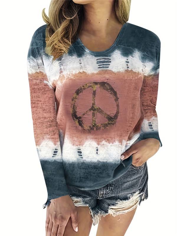 Vibrant Peace Symbol Tie Dye Print Crew Neck Long Sleeve T-shirt - Soft Micro Elasticity Polyester Fabric, Machine Washable, Casual Style for Spring & Fall - Womens Regular Fit Clothing