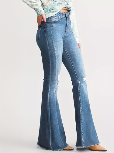 High-Rise Stretchy Flare Jeans with Raw Hem - Vintage Bell Bottoms for Women, Whiskered Denim for Everyday Wear