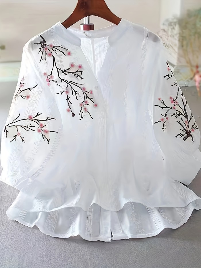 Vibrant Plum Blossom Embroidered Elegant V Neck Blouse - Semi-Sheer, Woven, Polyester, Hand Wash Only, Random Floral Print, Perfect for Spring, Summer, Fall - Womens Clothing