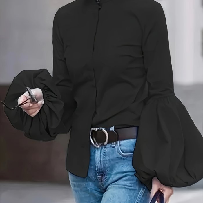 Lantern Sleeve Button Front Blouse, Stylish Solid Color Mock Neck Blouse For Spring & Fall, Women's Clothing
