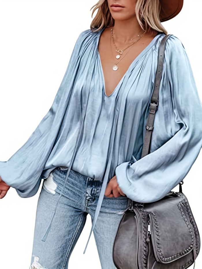 Lantern Long Sleeve Satin Blouse, Elegant V Neck Tops For Spring & Summer, Women's Clothing