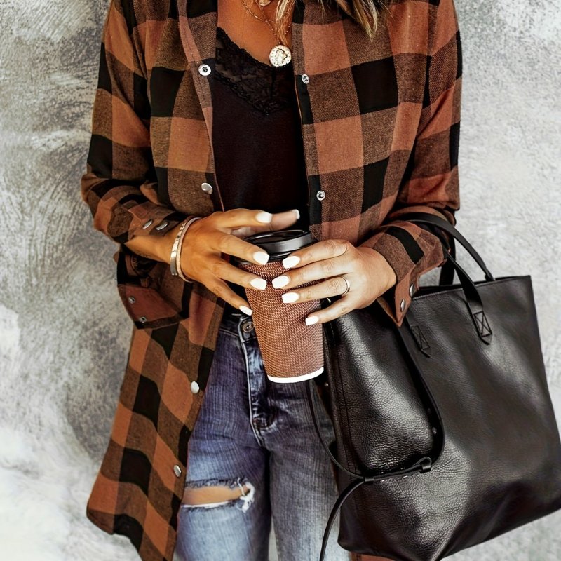 Plaid Print Button Front Shirt, Casual Long Sleeve Shirt For Spring & Fall, Women's Clothing