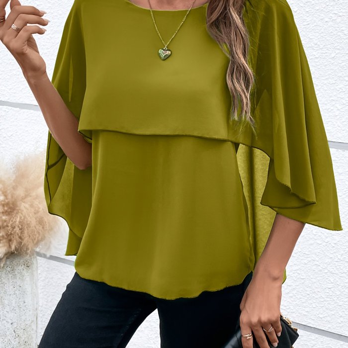 Solid Layered Cloak Sleeve Blouse, Versatile Crew Neck Blouse For Spring & Fall, Women's Clothing