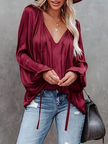 Lantern Long Sleeve Satin Blouse, Elegant V Neck Tops For Spring & Summer, Women's Clothing