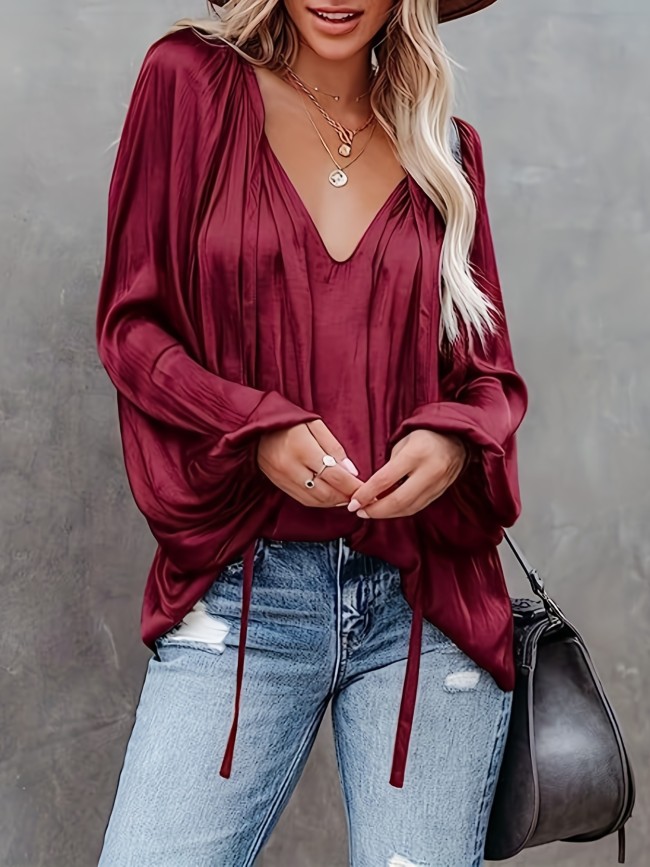 Lantern Long Sleeve Satin Blouse, Elegant V Neck Tops For Spring & Summer, Women's Clothing