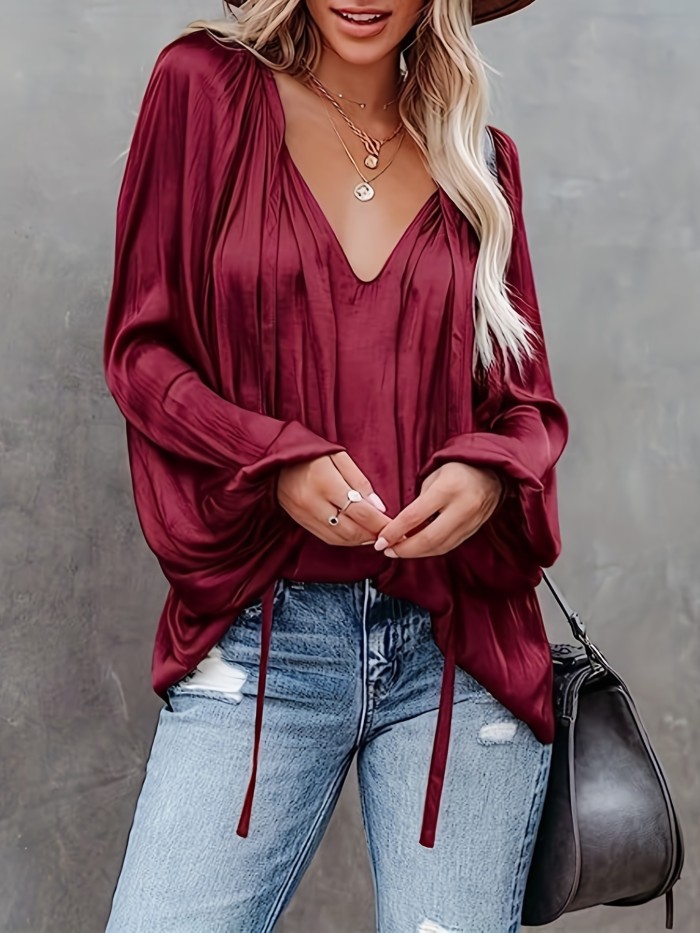 Lantern Long Sleeve Satin Blouse, Elegant V Neck Tops For Spring & Summer, Women's Clothing