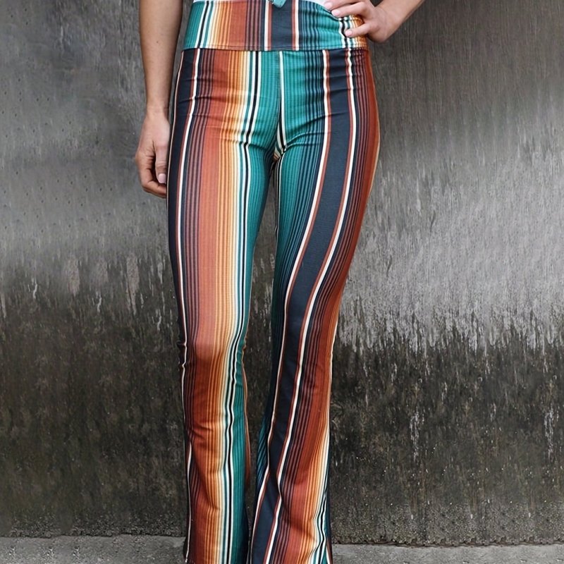 Stylish High-Waisted Flared Leg Pants - Comfortable Boho Chic Print Design, Long Length, Flowy Fabric, Women's Fashion Clothing for Everyday Wear