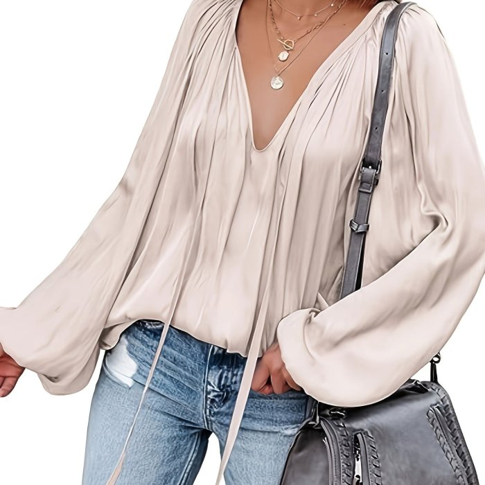 Lantern Long Sleeve Satin Blouse, Elegant V Neck Tops For Spring & Summer, Women's Clothing