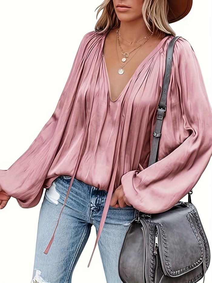 Lantern Long Sleeve Satin Blouse, Elegant V Neck Tops For Spring & Summer, Women's Clothing