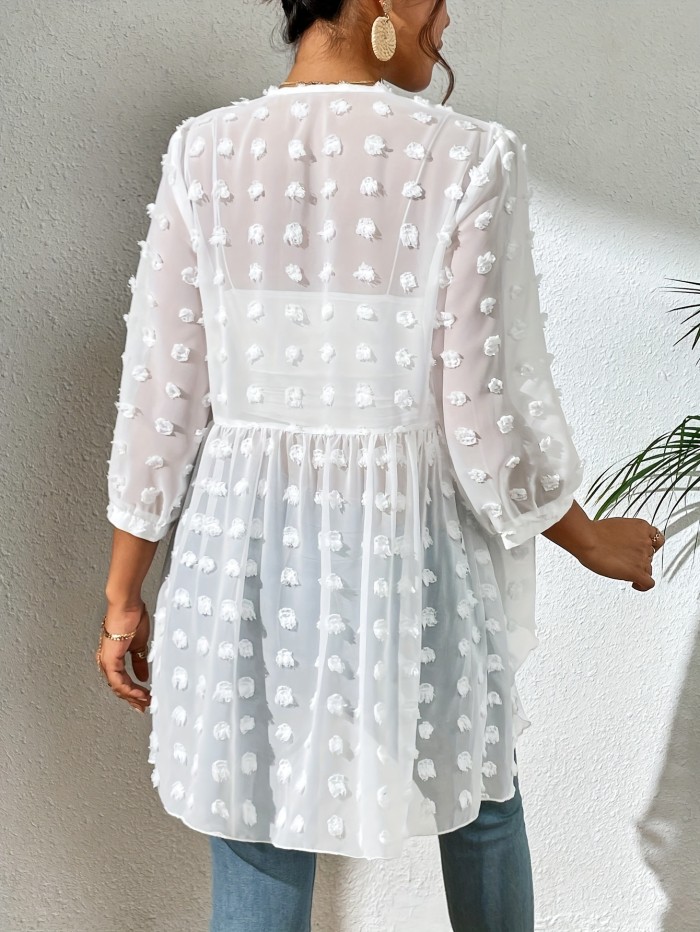 Solid Color Open Front Long Length Top, Elegant Loose Long Sleeve Swiss Dot Contrast Lace Top For Every Day, Women's Clothing