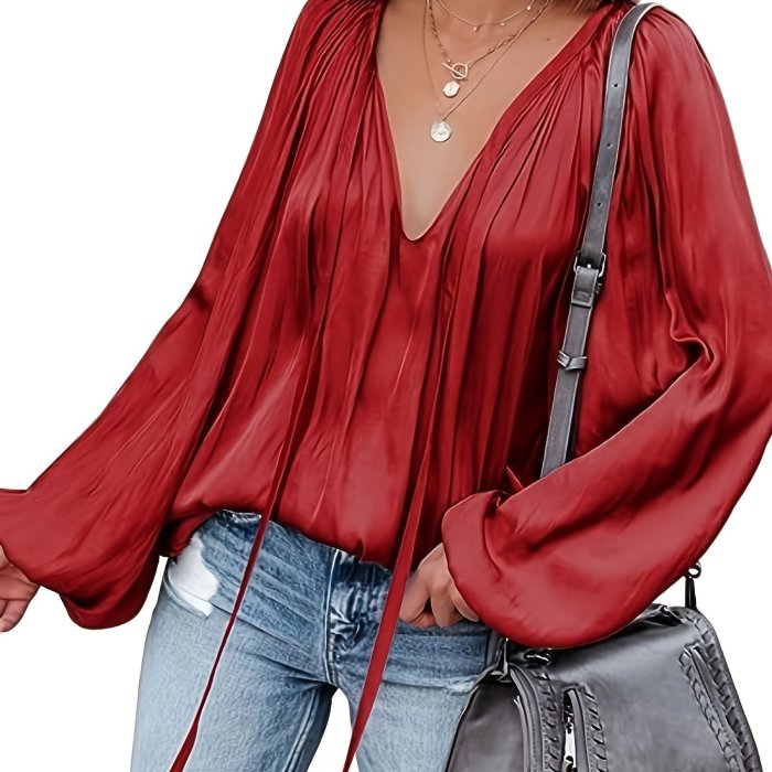 Lantern Long Sleeve Satin Blouse, Elegant V Neck Tops For Spring & Summer, Women's Clothing