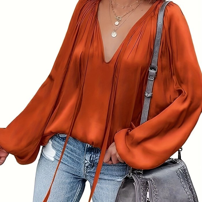 Lantern Long Sleeve Satin Blouse, Elegant V Neck Tops For Spring & Summer, Women's Clothing