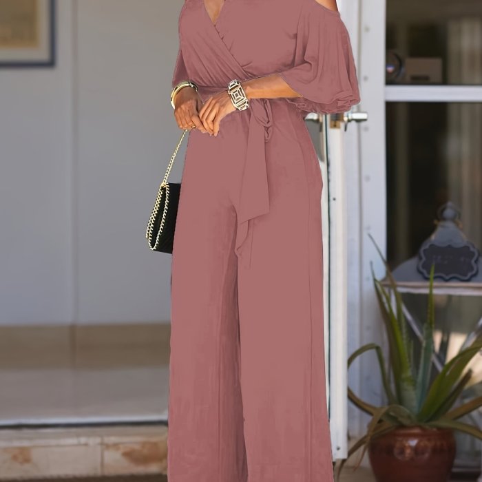 Solid Cold Shoulder V-neck Jumpsuit, Elegant Half Sleeve Jumpsuit For Spring & Summer, Women's Clothing
