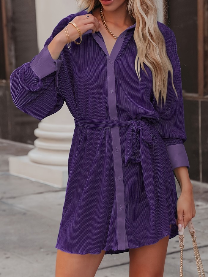 Solid Single Breasted Shirt Dress, Casual Lapel Neck Long Sleeve Tie Waist Dress For Spring & Fall, Women's Clothing