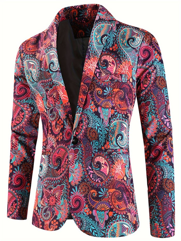 Men's Fashion Colorful Paisley Pattern Blazer, Casual Long Sleeve One Button Lapel Suit Jacket, Slim Fit Dress Coat For Party\u002FFormal Events