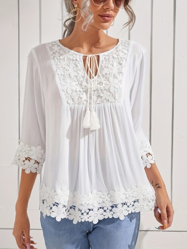 Floral Lace Tassel Decor Blouse, Elegant 3\u002F4 Sleeve Tie Neck Blouse For Spring & Fall, Women's Clothing