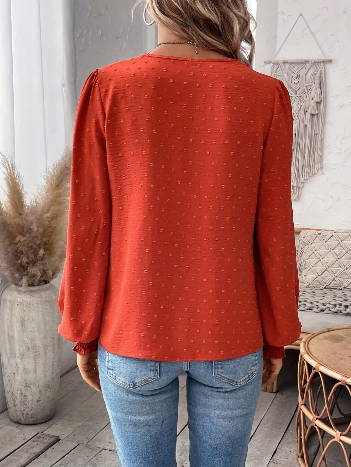 Elegant V-Neck Lace Splicing Blouse - Contrast Lace, Long Sleeve, Solid Color, Polyester, Machine Washable - Perfect for Spring and Fall Seasons