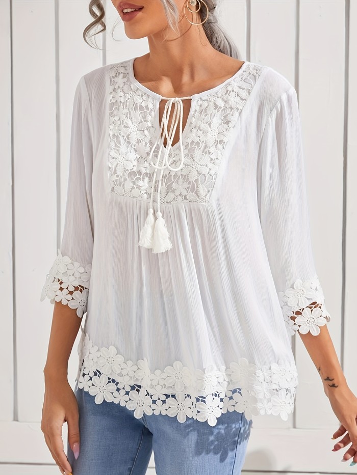 Floral Lace Tassel Decor Blouse, Elegant 3\u002F4 Sleeve Tie Neck Blouse For Spring & Fall, Women's Clothing