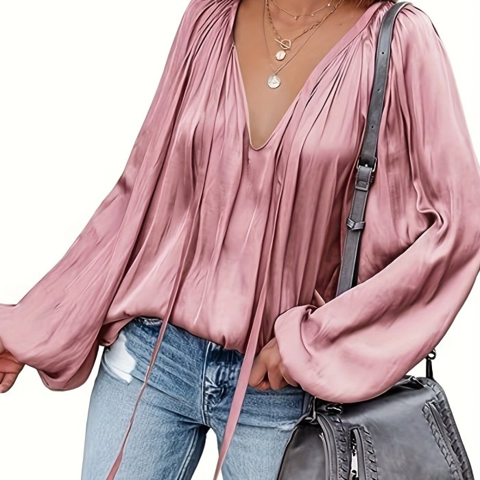 Lantern Long Sleeve Satin Blouse, Elegant V Neck Tops For Spring & Summer, Women's Clothing