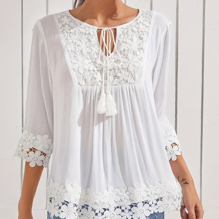 Floral Lace Tassel Decor Blouse, Elegant 3\u002F4 Sleeve Tie Neck Blouse For Spring & Fall, Women's Clothing