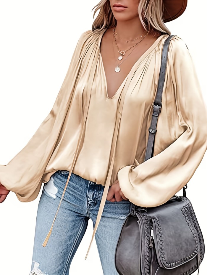 Lantern Long Sleeve Satin Blouse, Elegant V Neck Tops For Spring & Summer, Women's Clothing