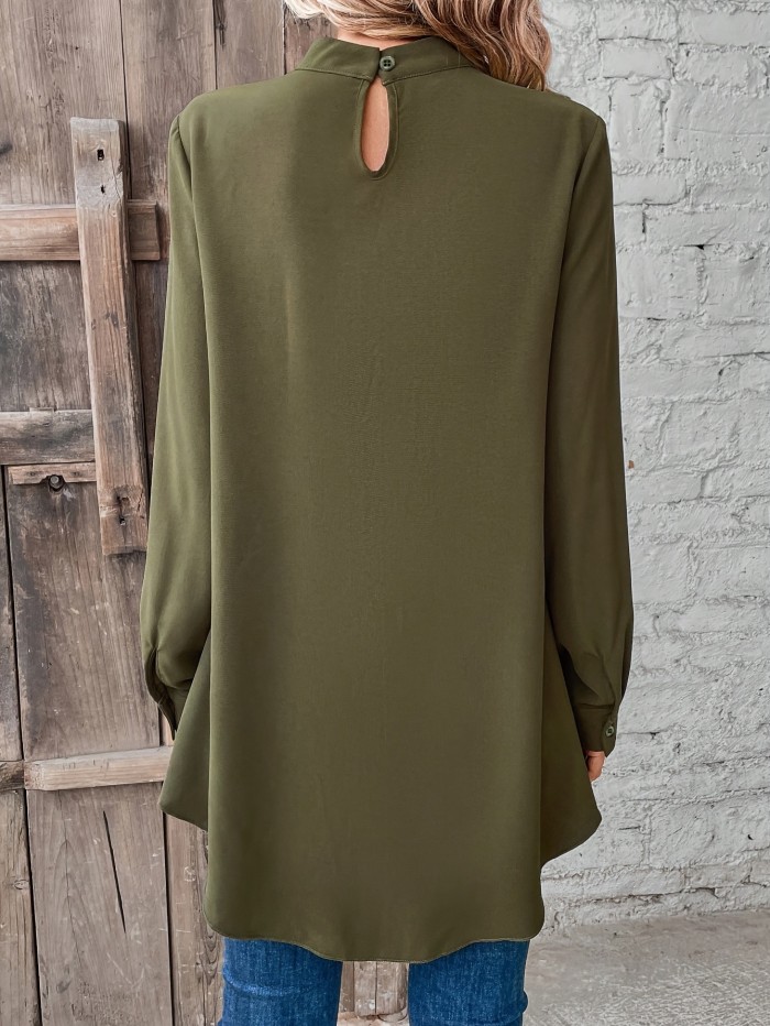 Solid Color Cut Out Splicing Blouse, Elegant Layered Mock Neck Blouse For Spring & Fall, Women's Clothing