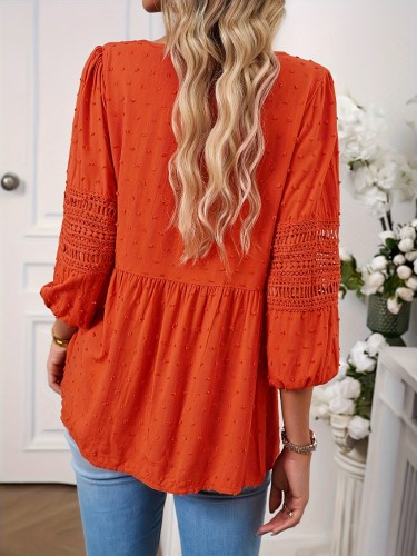 Stunning Swiss Dot Long Lantern Sleeve Blouse - Chic Tie-Neck Design, Casual Comfort for Spring & Fall, Womens Clothing for Everyday Wear