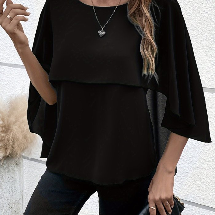 Solid Layered Cloak Sleeve Blouse, Versatile Crew Neck Blouse For Spring & Fall, Women's Clothing