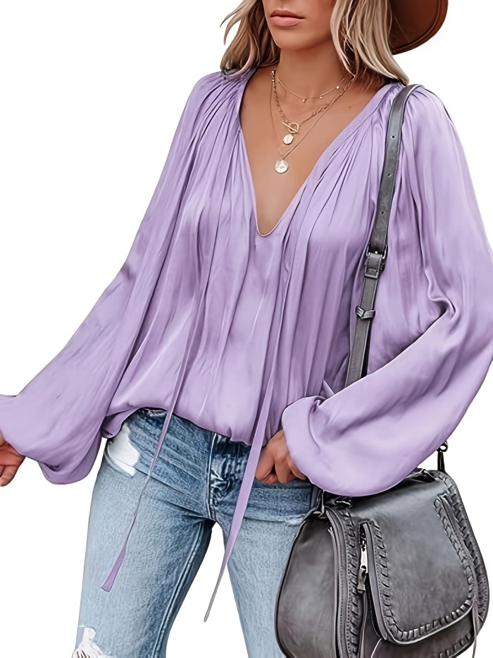 Lantern Long Sleeve Satin Blouse, Elegant V Neck Tops For Spring & Summer, Women's Clothing