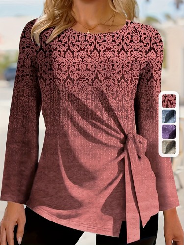 All Over Print Tie Front T-Shirt, Casual Long Sleeve Top For Spring & Fall, Women's Clothing