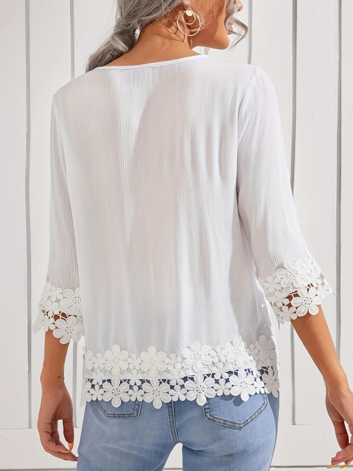 Floral Lace Tassel Decor Blouse, Elegant 3\u002F4 Sleeve Tie Neck Blouse For Spring & Fall, Women's Clothing