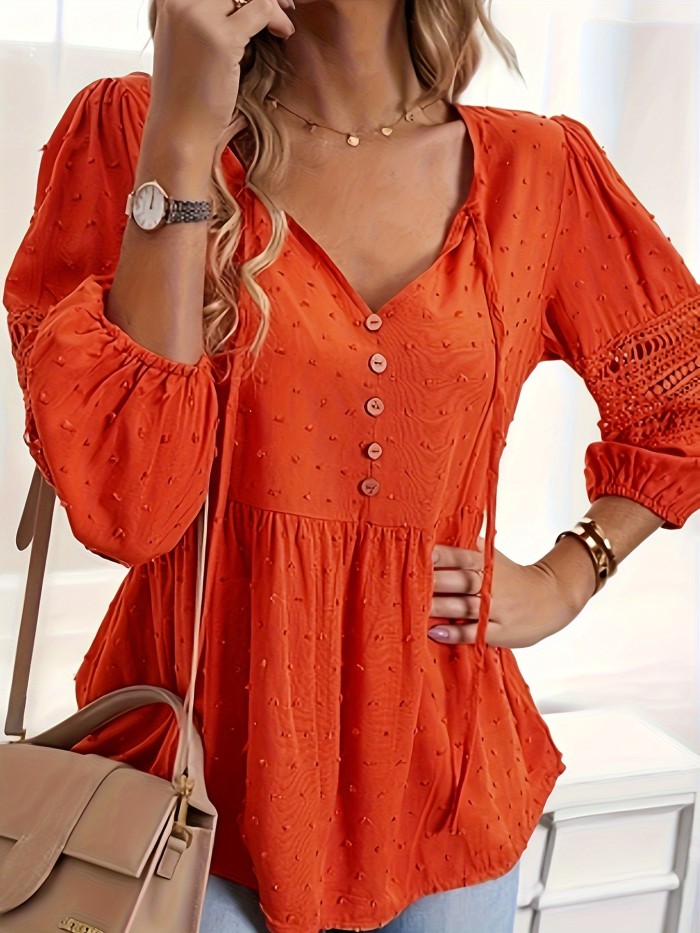 Stunning Swiss Dot Long Lantern Sleeve Blouse - Chic Tie-Neck Design, Casual Comfort for Spring & Fall, Womens Clothing for Everyday Wear